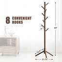 Haddockway Wooden Coat Rack Stand with 8 Hooks New Zealand Pine 3 Adjustable Coat Standing Tree Easy Assembly for Coats, Hats, Scarves and Handbags for Entryway, Hallway, Bedroom, Office (1 PC, Brown)