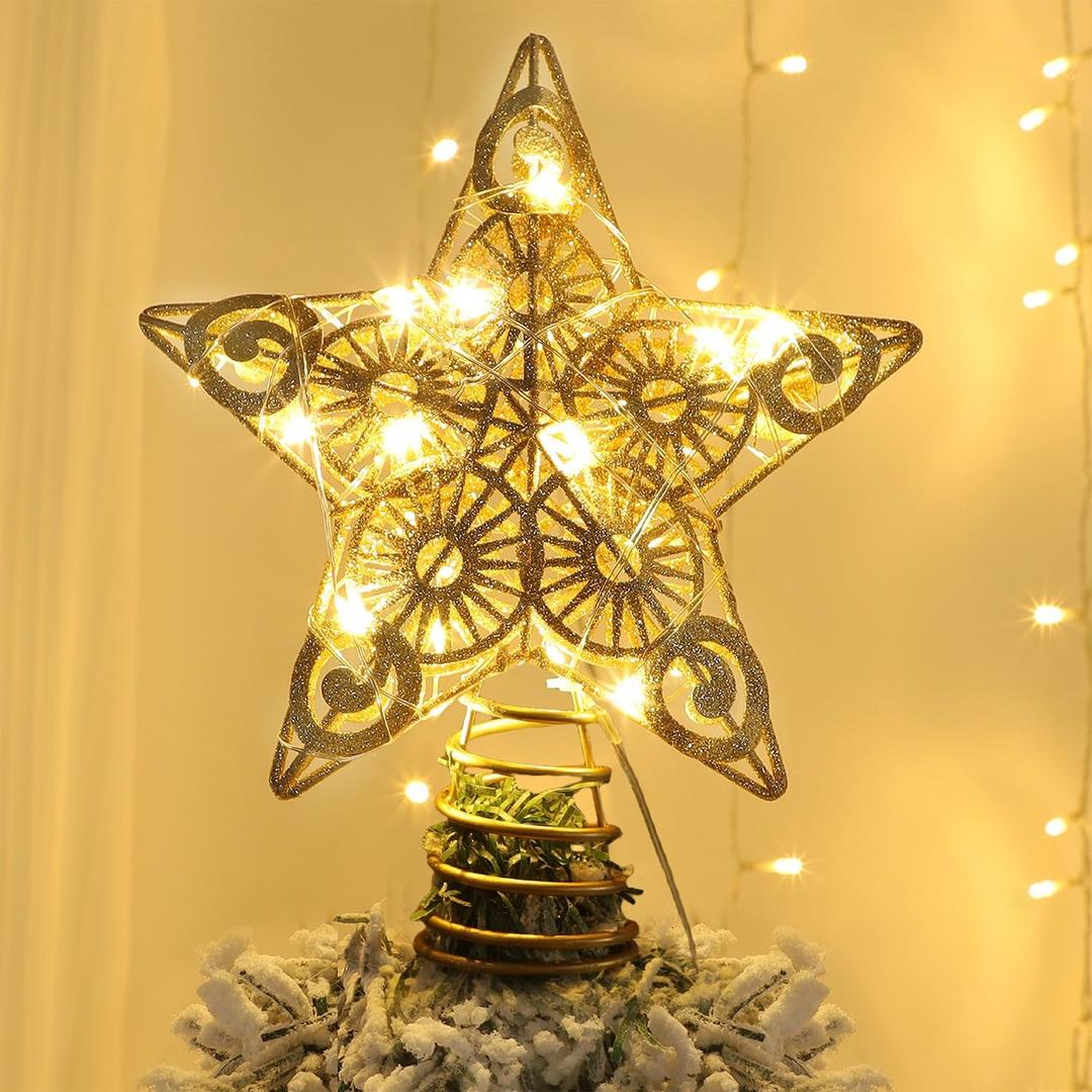 Juegoal Star Tree Topper with 20 LED Lights, Metal Golden Lighted Treetop Ornaments, Battery Powered Light Up Christmas Tree Decorations, 6.5 x 6.5 Inches