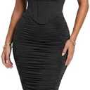 CurvySweet Women's Off the Shoulder Midi Dress Built-in Bra Ruched Corset Bodycon Formal Night Out Cocktail Party Dresses | Built-in Bra, bodycon curve hugging fit, elegant and sexy style, perfect for wedding guest, cocktail party and formal events. Medium