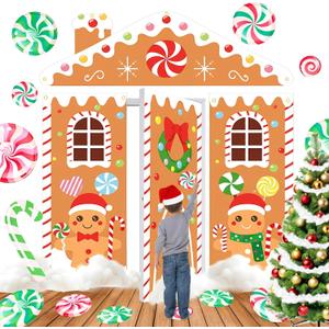 Gingerbread Christmas Decorations Door Cover Backdrop, Xmas Gingerbread House Banner with Fake Snow, Candy Cane Stickers & Porch Signs for Holiday Home Classroom Office Party Indoor Outdoor Decor