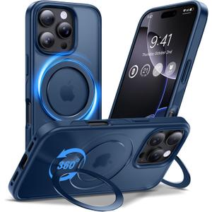 Anqrp 360° All-in-ONE Stand Case for iPhone 16 Pro Case with Rotatable Magnetic Kickstand Ring Holder, Compatible with MagSafe, MIL-Grade Shockproof iPhone 16 Pro Phone Case Cover 6.3 inch, Blue