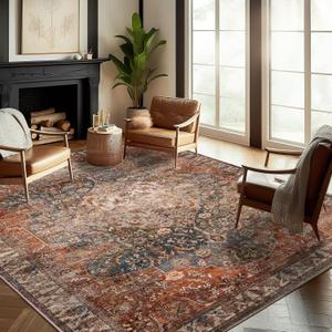 chamler 10'x14' Washable Area Rug Boho Chic Medallion Distressed Design Non-Shedding Easy Care Ideal for High Traffic Areas in Rug for Living Room Bedroom Office Coffee Table Large Carpet (Red Blue Flowers)