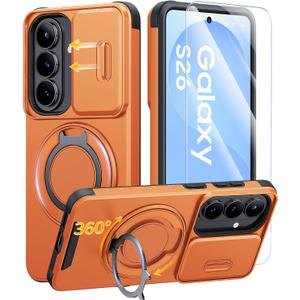 JAME for Samsung Galaxy S26 Case, Ring Holder Stand Kickstand, Slide Camera Cover with Screen Protector, Dual-Layer Shockproof Protective, Magnetic Accessory Friendly Galaxy S26 Phone Case, Orange