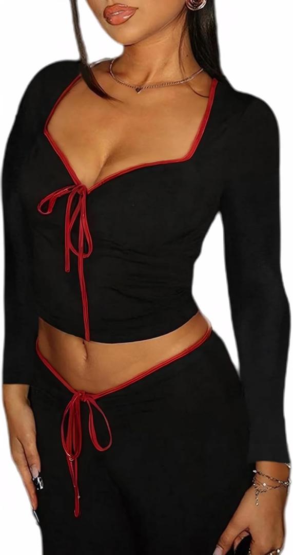 Womens Sexy Long Sleeve Bow Square Neck Baby Tees Contrast Trim Basic Crop Tops (Medium, Black Red)