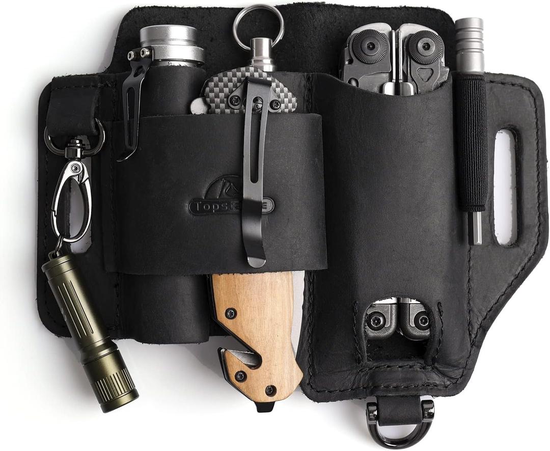 Topstache Leather Multitool Sheath,EDC Belt Organizer for Work and Daily Use,Leatherman Sheath,EDC Pocket Organizer for Flashlight and Multitool,Gifts for Men,Leather Sheath for Multitool (Black-01)