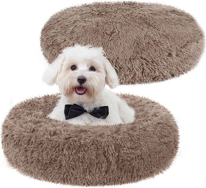2PCS Calming Donut Dog Bed, Round Fluffy for  Dogs and Cats Anti-Anxiety Plush, Machine Washable