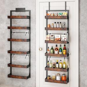 bukfen Over the Door Pantry Organizer, 6-Tier Adjustable Wooden Basket Kitchen Pantry Door Organization and Storage, Heavy-Duty Metal Hanging Kitchen Spice Rack,D6.3 x W17.71 x H50.60 inch,1 Pack (Black pole wood color)