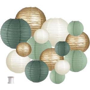Paper Lanterns Decorative, Round Hanging Paper Lanterns Decorations for Rustic Party Bridal Shower Wedding Sage Green Birthday Party Supplies Gold/Ivory/Sage Green 15pcs