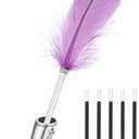 PATIKIL Purple Gold Feather Ballpoint Pens Bulk, Metal Holder Black Ink Vintage Quill Writing Pens with 5 Pieces Refill for Office, Wedding Signature, Silver