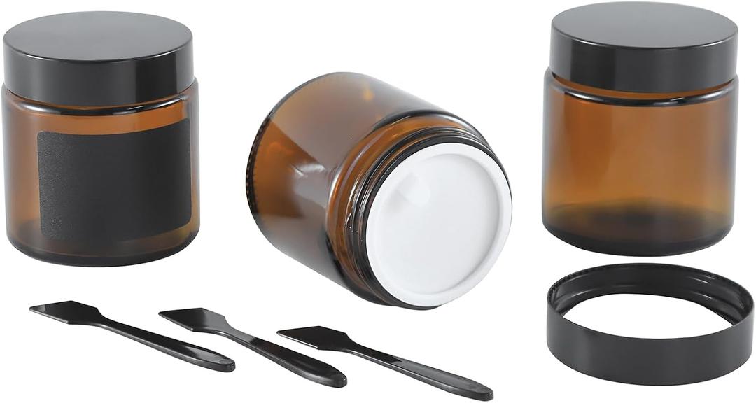 3Pack 4oz Amber Small Glass Jars with Lids, Lotion Container, Cosmetic Containers, Little Travel Jars for Creams with Mini Spoon, cBlack Labels