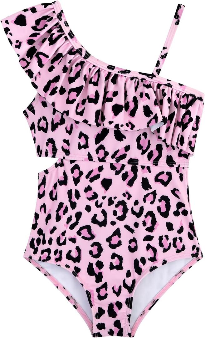 Girls One Piece Swimsuits Cutout Ruffle Bathing Suit Quick Dry Beach Swimwear with Adjustable Strap (7-8 Years, Pinkleopard)