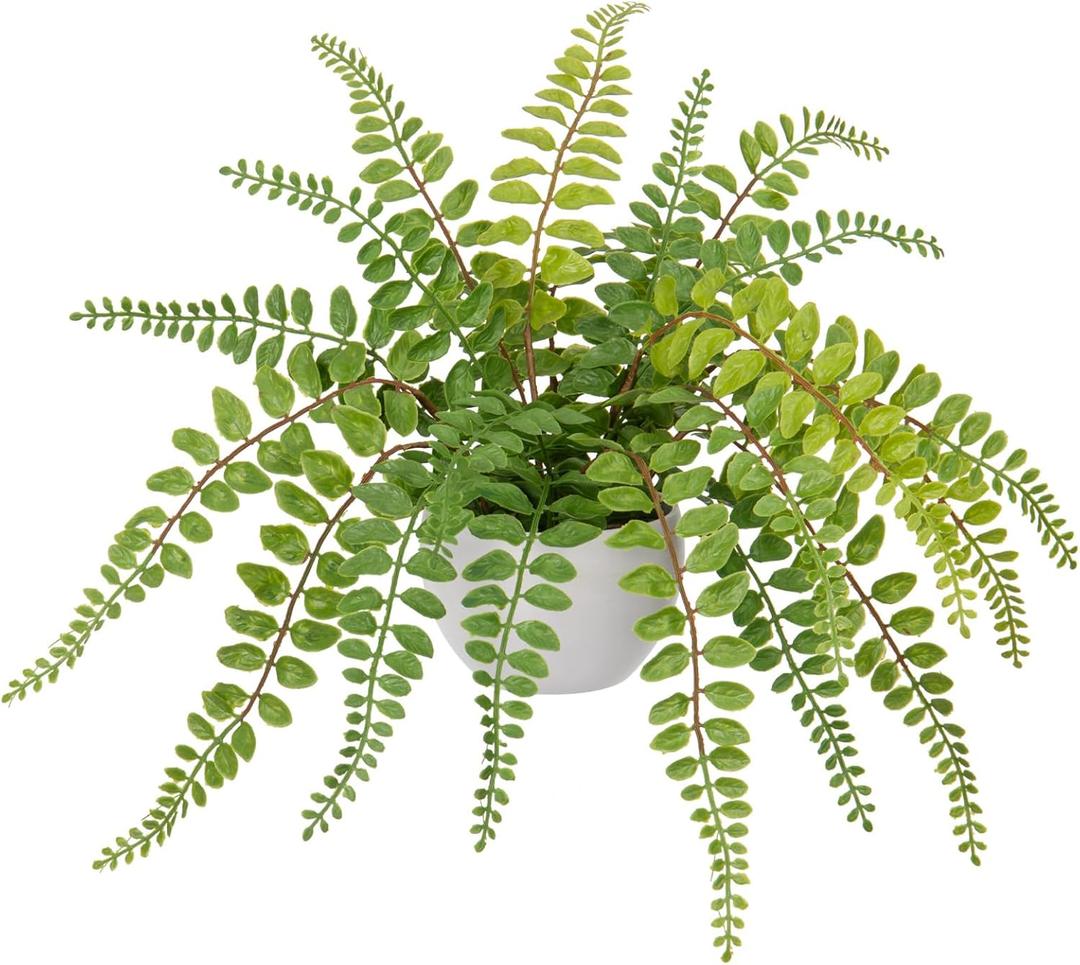 Hollyone Artificial Fern Potted Plant for Outdoors Indoors - Lifelike Faux Boston Fern in White Pot for Garden, Patio, Home, Farmhouse, Windowsill, Office, Living Room, Desk Decoration (Green 1)