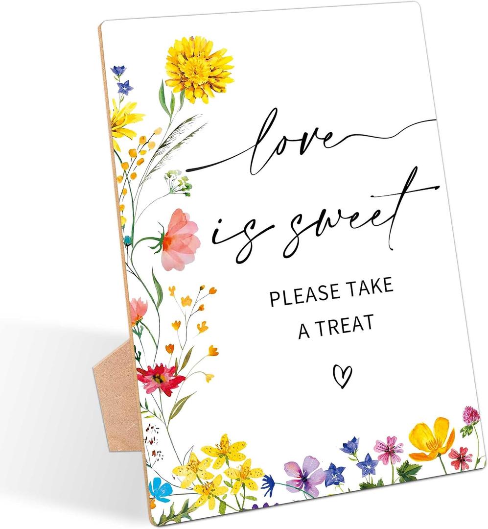 3 x Love is Sweet Sign, Floral Wedding Ceremony Sign, Pack of 1 Wooden Tabletop Sign with Stand, Wedding Supplies, Engagement and Reception Wedding Decorations - LD07