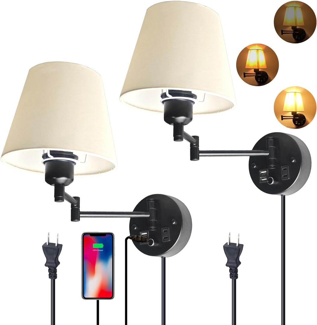 Wall Mounted Bedside Lamps with USB and 2 Pin Socket,Bedroom Sconces Set of 2 Cord and Switch,Dimmable Swing Arm Wall Sconce with White Linen Fabric Shade(E26/E27 Bulbs Not Included)