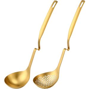 Patelai Hot Pot Slotted Ladle Set Stainless Steel Soup Ladle Strainer Scoops Cooking Skimmer Cookware Utensil for Hotpot Scooping Sauce Serving, 12 Inch(2 Pcs,Gold)