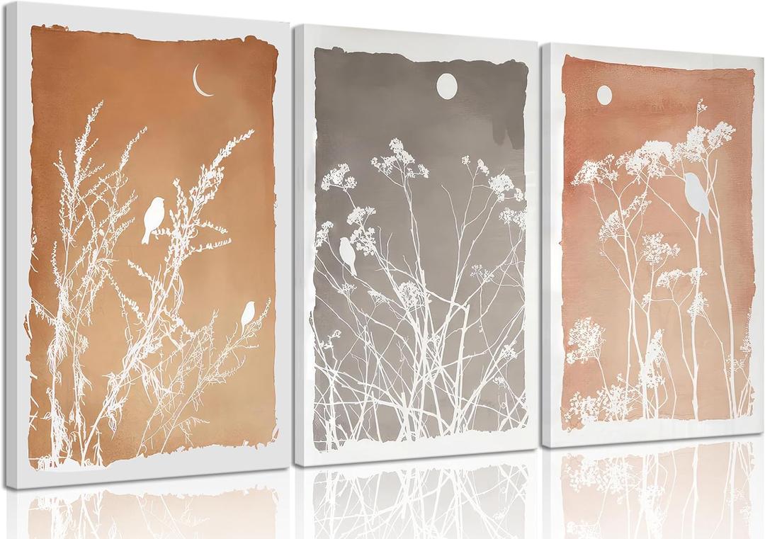 3Pcs Vintage Boho Wildflower Canvas Wall Art Neutral Rustic Floral Bird Painting Picture Wall Decor Farmhouse MinimalistPoster Print Artwork for Living Room Bedroom Study kitchen Home Decoration
