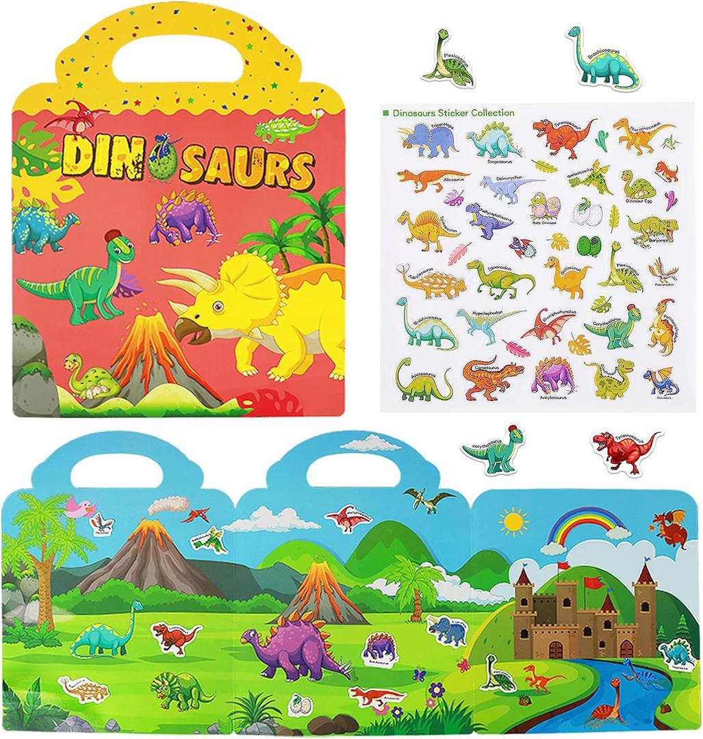 Reusable Sticker Books for Kids, Travel Removable Toddler Dinosaur Sticker Books for 3 4 5 Year Old Girls Boys Birthday Gifts Educational Learning Toys (1 Pack (Dinosaurs))