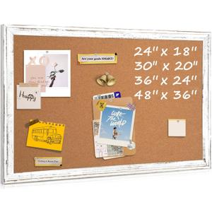 Cork Board Bulletin Board, 36" x 24" Corkboard for Wall, Rustic White Wooden Frame, Hanging Pin Board for Home & Office Decor, 10 Push Pins