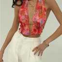 GORGLITTER Women's Floral Halter Top Y2k Mesh Ruffle Tie Backless Sleeveless Going Out Crop Tops (M)