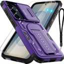 Case for Samsung Galaxy S25/S24 with 2*Screen Protector, Slide Camera Cover, Kickstand, Lanyard Strap, Dual Layer Rugged Non-Slip, Purple