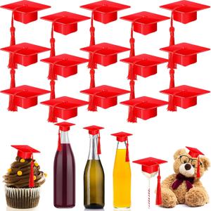 Qunclay 30 Pieces Mini Graduation Cap Red Hats with Red Tassels Plastic Grad Cake Pops Cover Toppers for Graduation Party Decorations