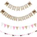 Horse Birthday Decorations  Happy Birthday Burlap Banner  Felt Horse Garland and Pennant Banner  Horse Party Supplies (Pink Hearts)