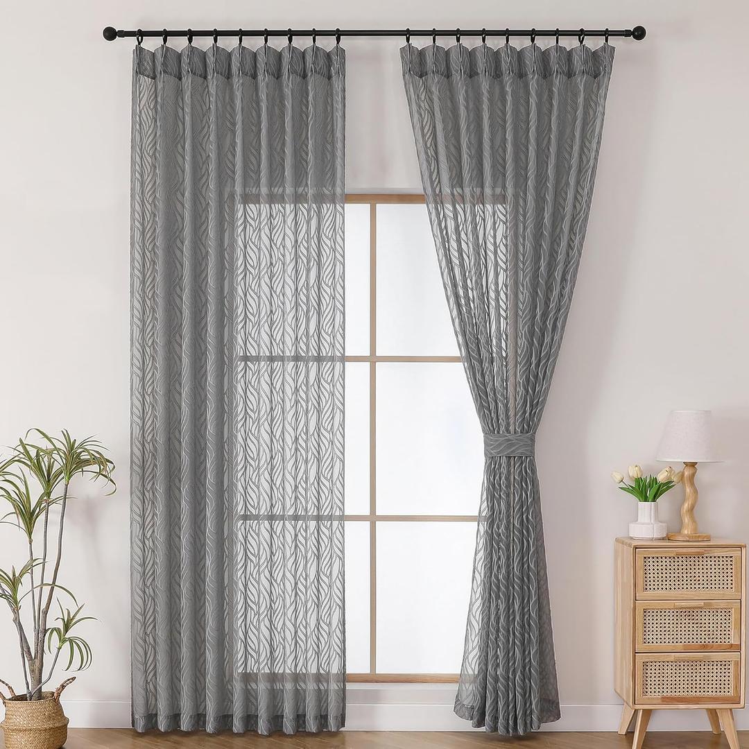 OWENIE Max Grey Pinch Pleated Sheer Curtains 84 Inches Long 2 Panels Set for Bedroom Living Room, Soft Airy Leaves Jacquard Clip Light Filtering Semi Sheer Drapes, Grey, 2Pcs, Each 54x84 Inch