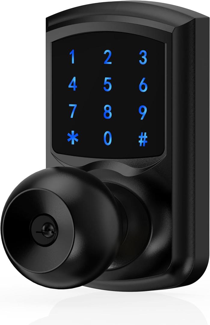 Keyless Entry Door Lock with Code, Keypad Door Lock with Handle, Touchscreen Door Knob with Keypad for Front Door Garage Bedroom Home, Auto-Lock, Matte Black
