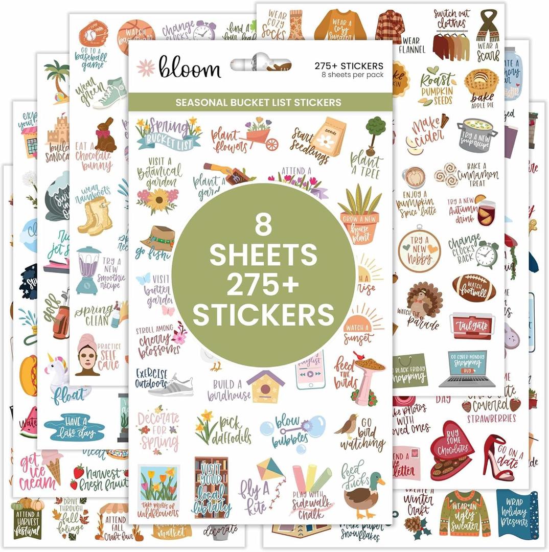 bloom daily planners Seasonal Bucket List Planner Stickers - Spring, Summer, Fall, Winter Activity Goals for Adults - 8 Sheets / 275+ Illustrations - Adventure Icons for Planning or Scrapbooking