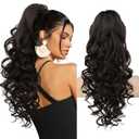 REECHO Ponytail Extension, 20 Claw Clip Ponytail Extension Curly Clip in Ponytail Long Pony Tails Hair Extensions for Women Fluffy Natural Looking Synthetic Hairpiece, Black Brown