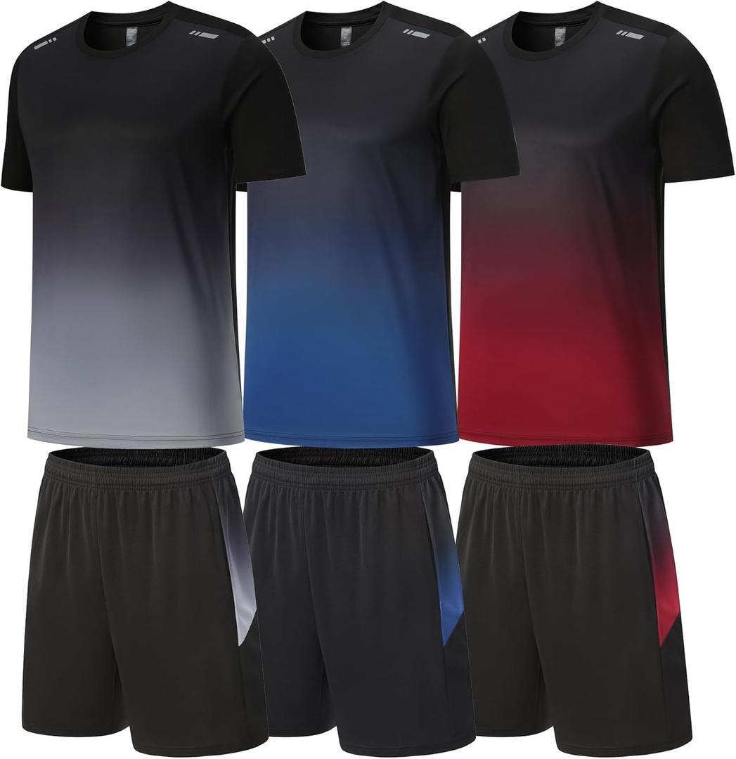 BOOMCOOL Gym Clothes workout shorts and long sleeve shirts for men running dry fit athletic outfits sets 6 pack (XX-Large, Black Blue Red)