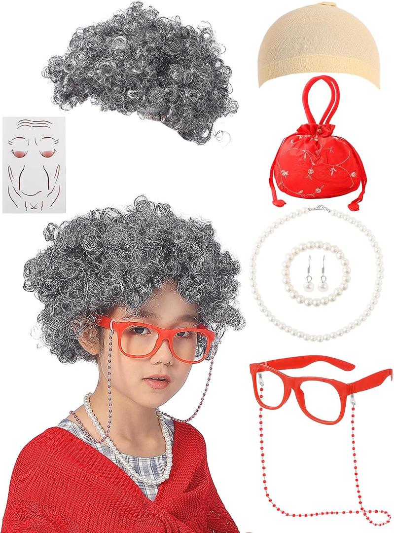 100 Days of School Costume for Girls Old Lady Costume for Kids Grandma Wig Glasses Chain Necklace Bracelet Grandma Dress up Cosplay Accessories Set(Red)