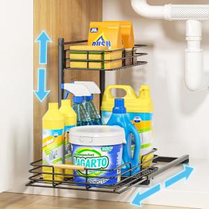 Delamu Under Sink Organizer, Height Adjustable Under Sink Organizers and Storage, Slide Out Under Sink Storage Shelf for Kitchen Bathroom Pantry Cabinet (1 Pack, Black)