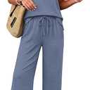 OFEEFAN Women's 2 Piece Outfits Summer Linen Wide Leg Pants Lounge Sets Cruise Airport Going Out Resort Wear Casual Suits Fashion Clothing Loose Side Slit Loungewear Blue XL