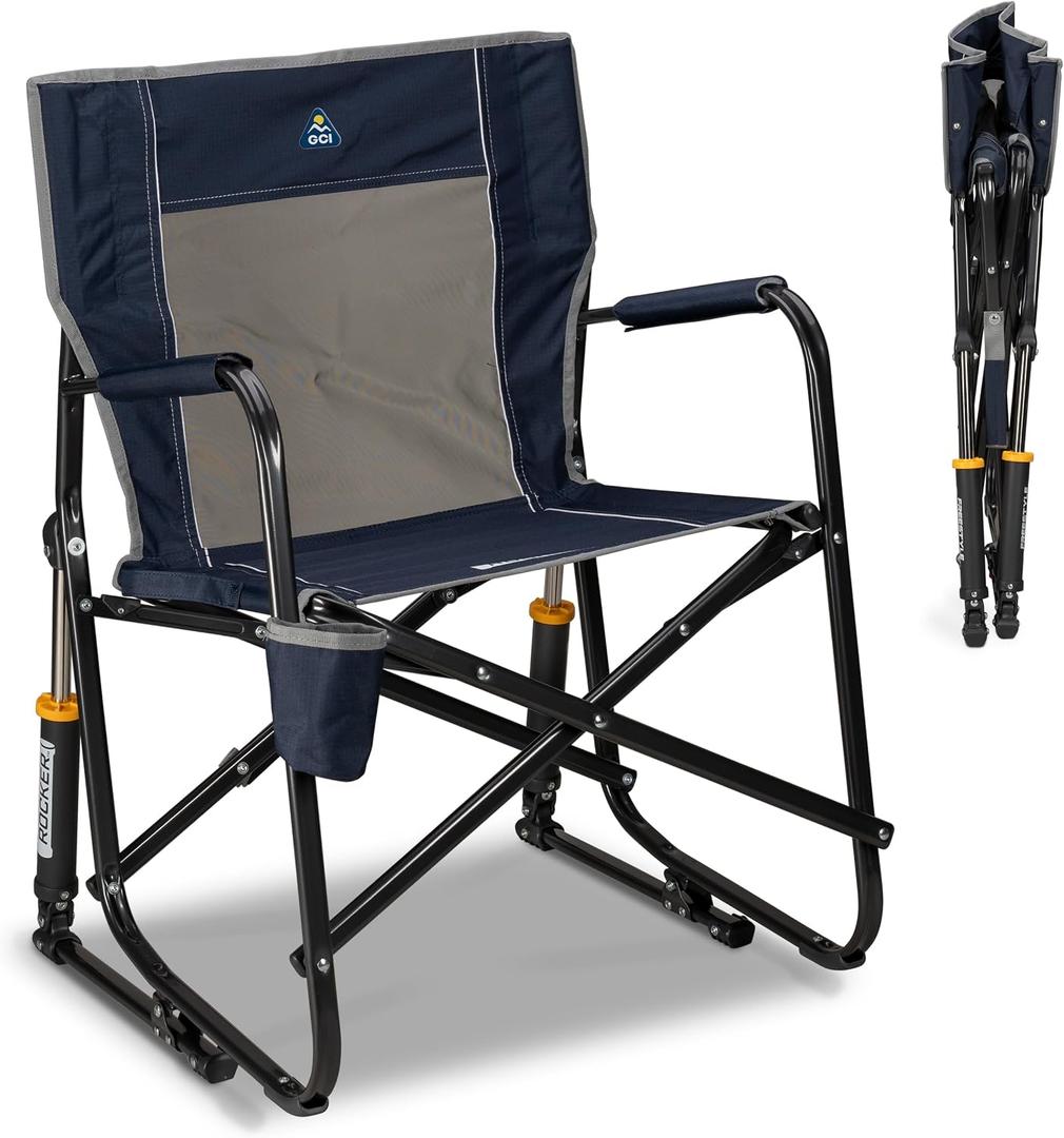 GCI Outdoor Freestyle Rocker Camping Chair | Portable Folding Rocking Chair with Solid, Durable Armrests, Drink Holder & Comfortable Backrest Indigo Blue