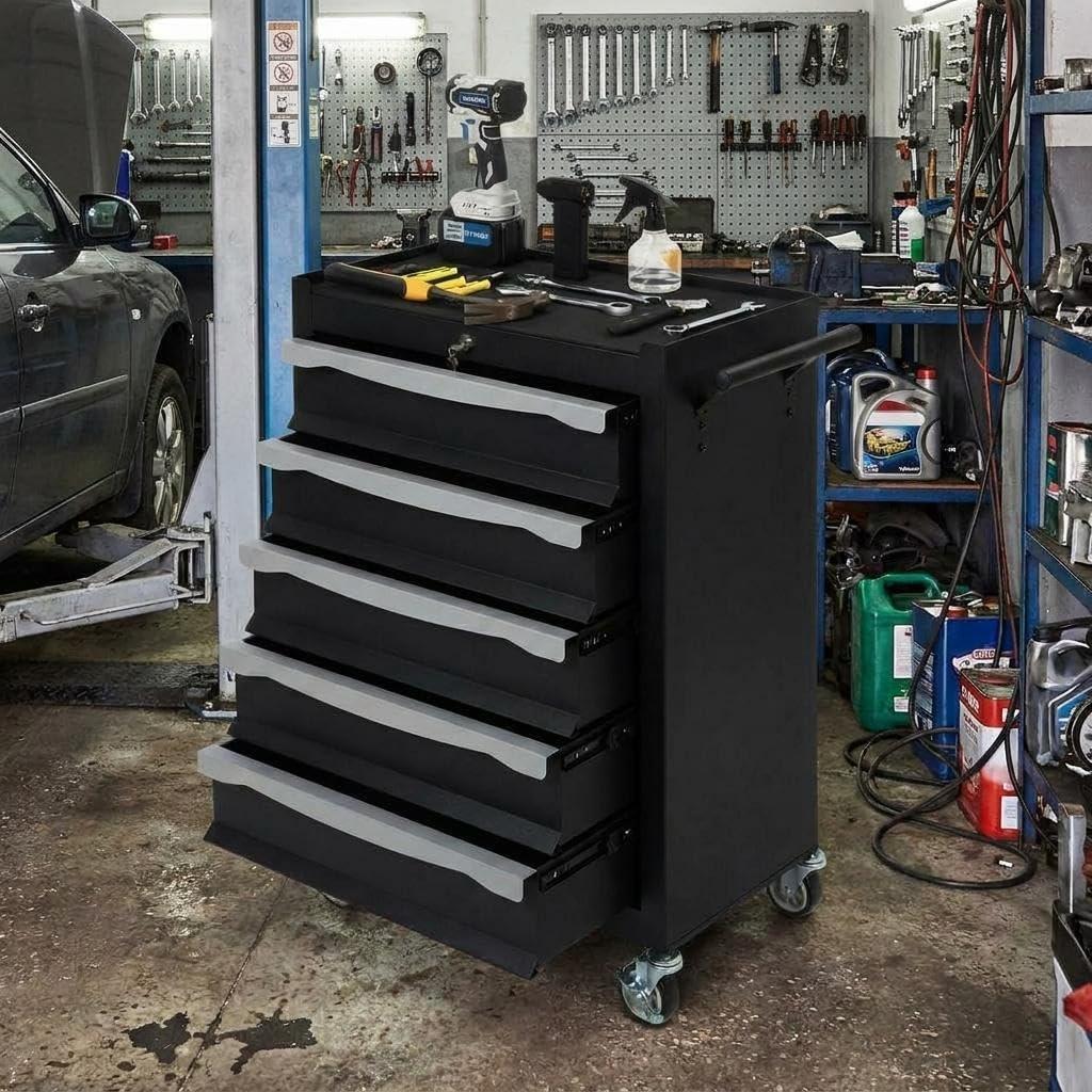 5-Drawer Rolling Tool Chest with Lock, Tool Cabinet on Wheels, Includes Drawer Liners, Latch System & Link Buckle,Can Be Combined to Large Cabinet Set for Garage Workshop Storage, Black