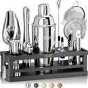 BARE BARREL Mixology Bartender Kit Bar Set | 16-Piece Cocktail Shaker Set | Martini Barware Mixing Tools for Home Bartending | Incl. 35 Recipe Cards | Gift Set (24oz Cobbler Shaker, Silver/Black)