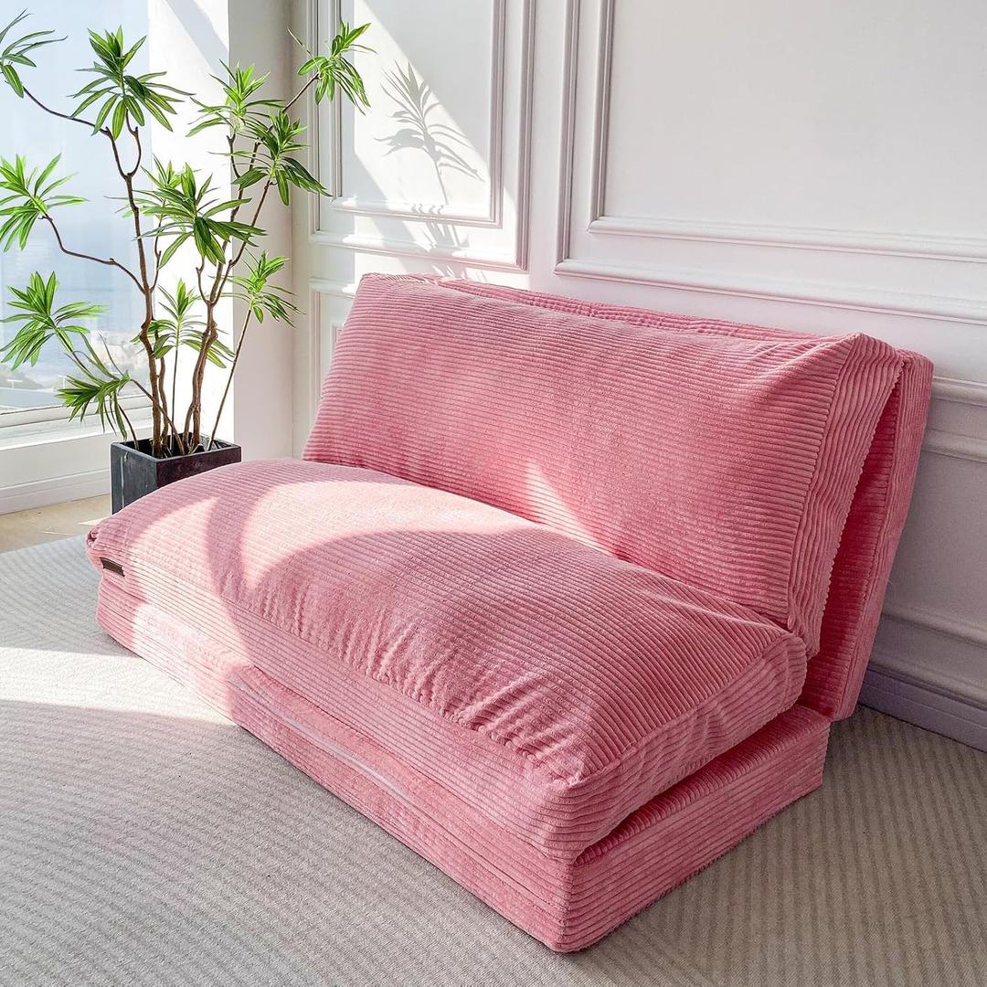 MAXYOYO Folding Sofa Bed, Floor Sofa Convertible Chair with Washable Cover, Floor Couch Lounge Bean Bag Chair Bed for Living Room, Pink, 54x91 Inch
