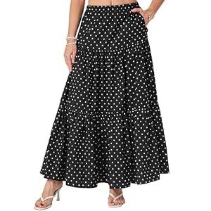 Yulaviniee Women's Boho Maxi Skirt with Pockets High Waisted Layered Tiered Casual A-Line Long Flowy Skirts Black Polka Dot Medium