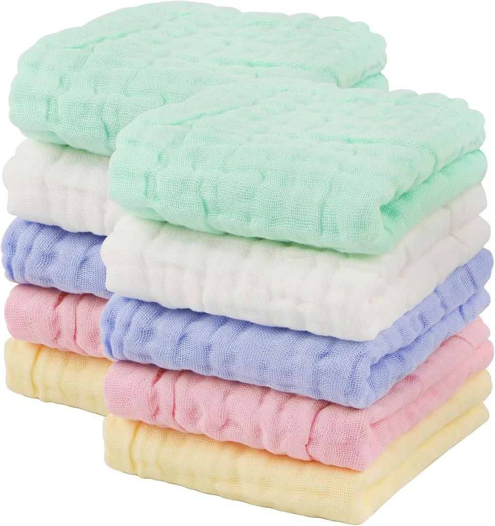 AIDEA Baby Washcloths and Burp Cloths, Absorbent Cotton Muslin Baby Towels, Large Soft Breathable Newborn Essentials for Boys and Girls, Newborn Essentials, 10 Pack, 10"x10"