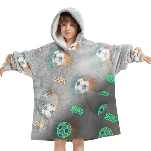 Wearable Blanket Hoodie for Kids Oversized Sherpa Blanket Hoodie for Kids Boys Girls Teens 13YR,Glow in The Dark Football