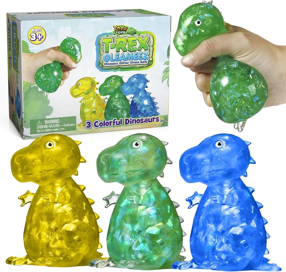 YoYa Toys Gleameez T-Rex Stress Ball Fidget Toy | Glittery Dinosaur Squeeze Toy for Anxiety Relief, Stress, Anger Management, Occupational Therapy | Colorful Squishy Ball for Kids & Adults | 3 Pack