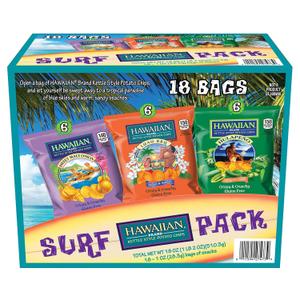 Hawaiian Brand Kettle Style Potato Chips Surf Pack, 18 Single-Serve Bags (1 oz Each) Includes Sweet Maui Onion, Luau BBQ, and Hulapeo Flavors Crispy & Crunchy, Gluten-Free Variety Snack Pack (EXP 10/26/26)