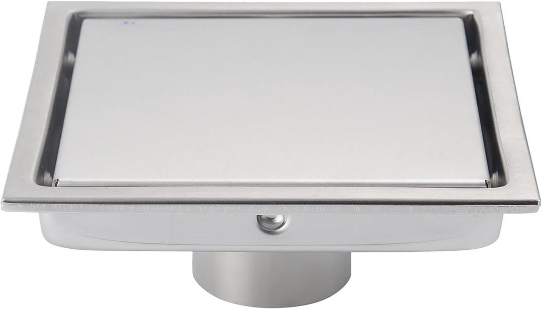 6 Inch Brushed Nickel Square Shower Floor Drain, with Removable Grille Cover Tile Insert Hidden Form, SUS304 Stainless Steel