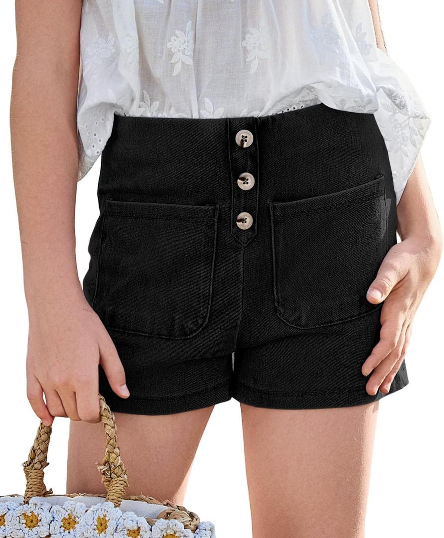 Haloumoning Girls Jean Shorts Kids Cute High Waist Shorts Button Summer Demin Shorts with Pockets (5-14 Years, Black)