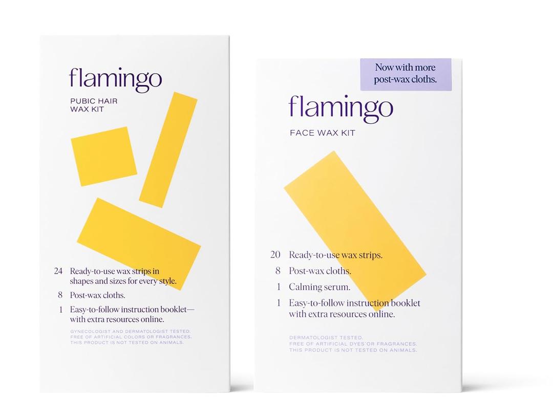 Flamingo Face & Pubic Wax Kit - 44 Wax Strips, 16 Post-Wax Cloths, and Calming Serum - Easy At-Home Hair Removal