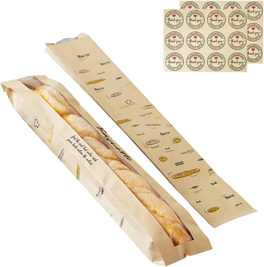 24 Pack Baguette Bread Fresh Kraft Paper Bag, Bread Loaf Packing Bags with Front Breathable Hole Window (4"x 1.6"x 23.6") and 24 PCS Seal Sticker