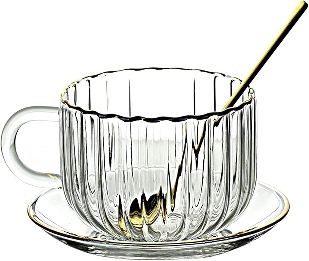 Pumpkin Shaped Glass Coffee Mug with Saucer and Spoon, 14.5oz Glass Teacup with Gold Rim