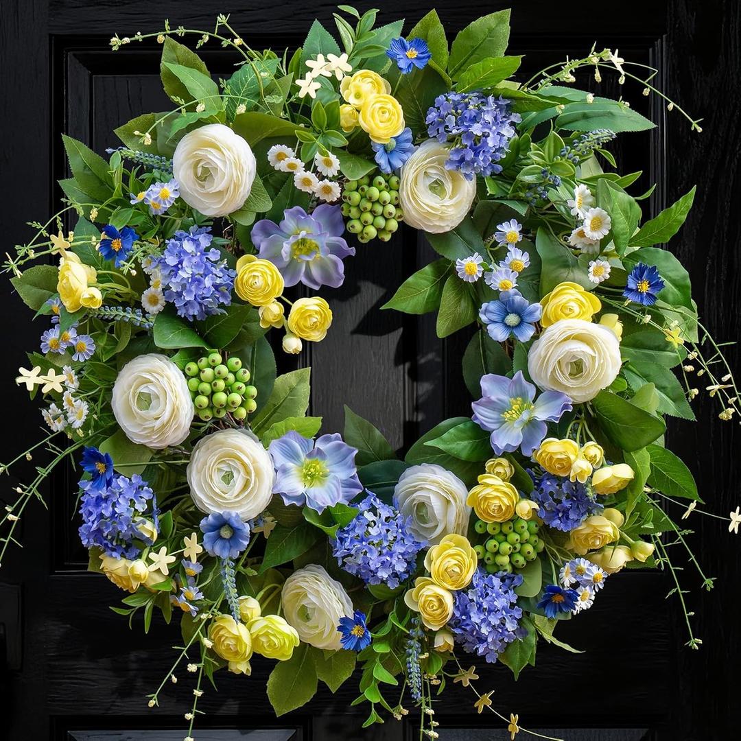 24 Inch Spring Wreath for Front Door, Artificial Hydrangea, Anemone & Wild Daisy Flowers with Berry Accents, Spring and Summer Door Wreath for Indoor Outdoor Decor
