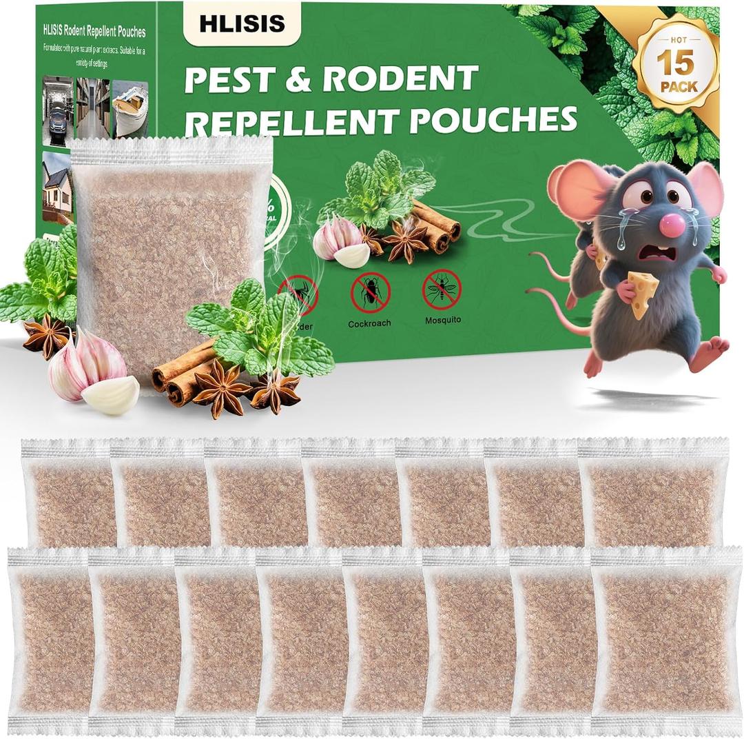 15 Pack Mouse Repellent Pouches, Peppermint Oil Repellent for Mice, Natural Rodent Repellent Pouches Effectively Repels Rodents, Mosquito, Spiders, and Other Pests, Indoor & Outdoor Use